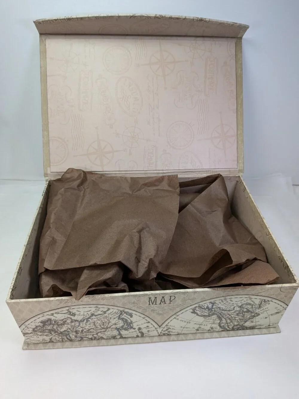 Vintage World Map Storage Box Antique Globe Keepsake Enchante Travel Tan